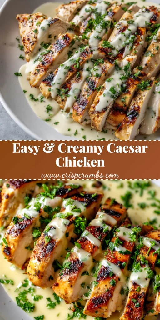 A delicious platter of sliced Caesar Chicken, drizzled with creamy dressing and garnished with fresh parsley and parmesan. The ultimate juicy chicken recipe.