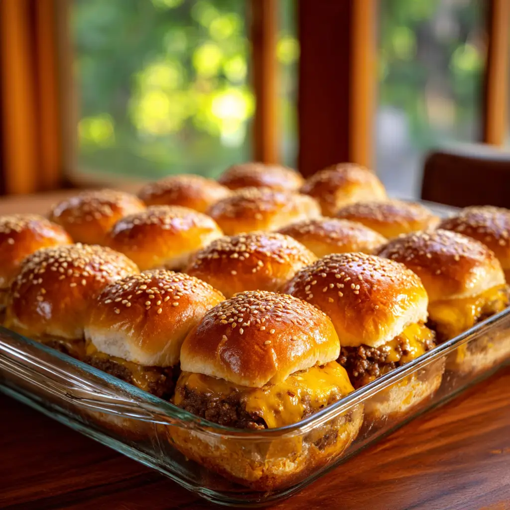 A close-up shot of a single cheeseburger slider being pulled from the pan, with cheese stretching from the juicy ground beef filling.