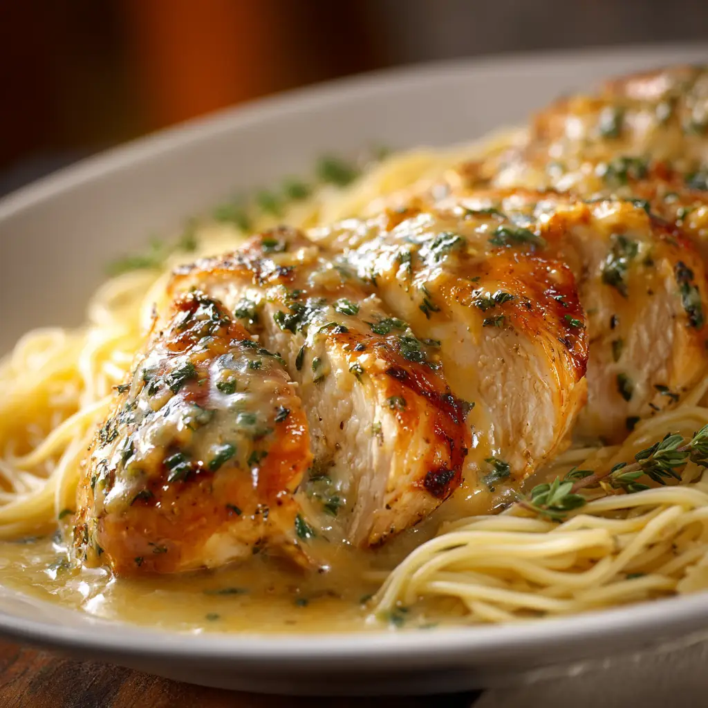 A slice of juicy Italian baked chicken on a plate, highlighting the tender texture and delicious tomato topping alongside a fork.