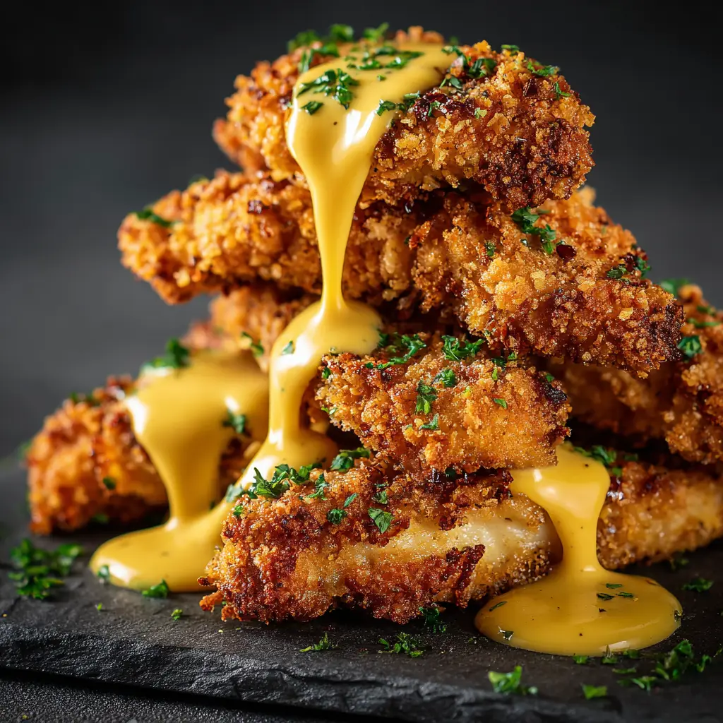 A pan-fried pretzel chicken cutlet being sliced to reveal the juicy, perfectly cooked white meat inside.