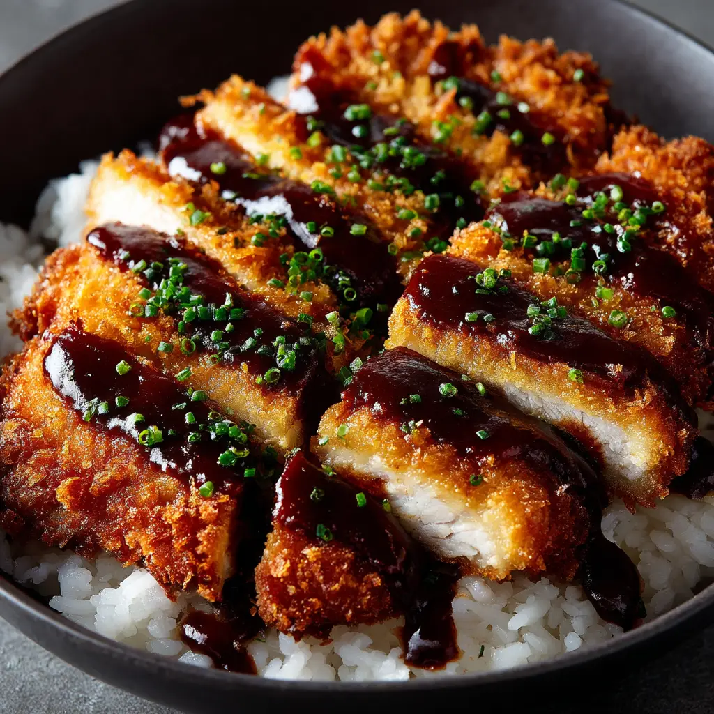 A Japanese katsu rice bowl being drizzled with homemade tonkatsu sauce, ready to be served.