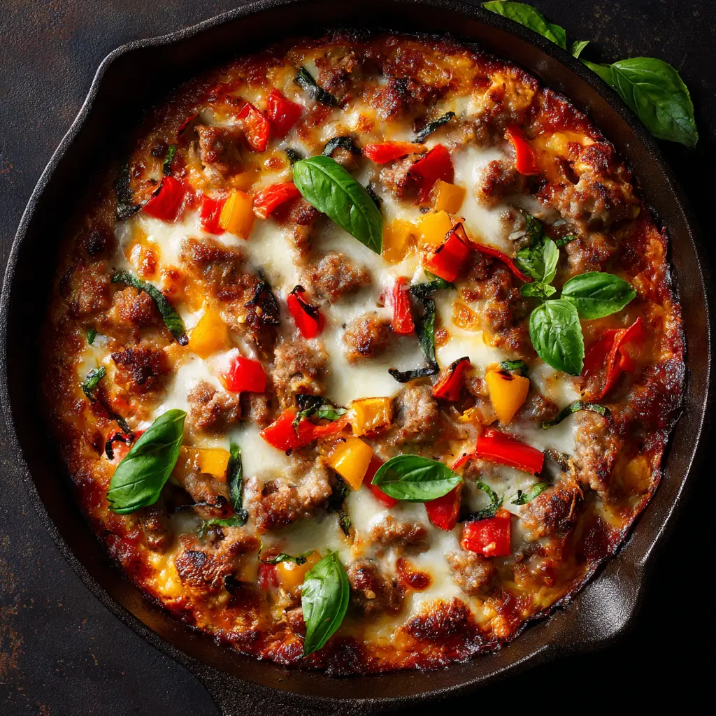 A spoonful of the finished low carb pizza bowl, showing the melted cheese and savory meat sauce. This highlights the texture of the healthy pizza alternative.