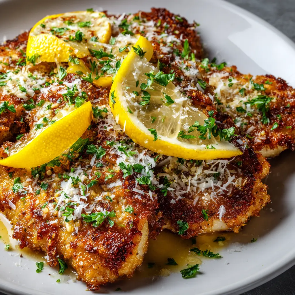 A shot of the Lemon Chicken Romano being prepared in a skillet, with the zesty lemon butter sauce being poured over the top.