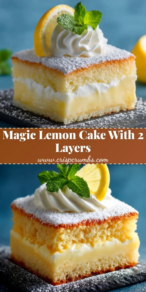 A tall pin image of Lemon Custard Cake with text overlay. The cake shows three distinct layers: a firm base, a creamy middle, and a light sponge top, dusted with powdered sugar.