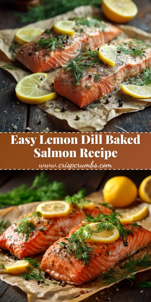 A close-up of a perfectly cooked Lemon Dill Baked Salmon fillet on a white plate, garnished with fresh dill and a lemon slice. The salmon is flaky and moist, highlighting an easy weeknight recipe.