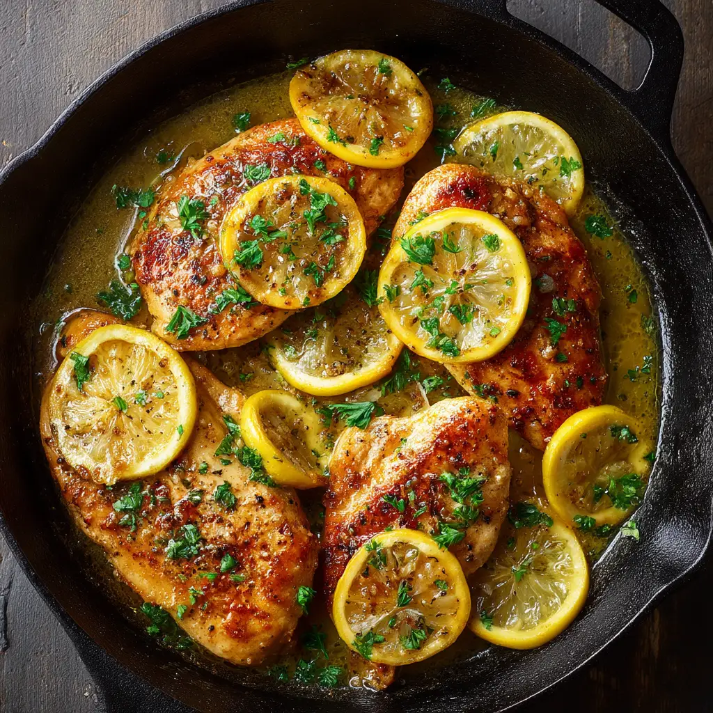 A close-up detail shot of the lemon garlic pan sauce simmering in the skillet, with bits of garlic and fresh herbs visible.
