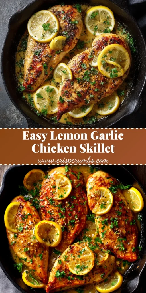 A beautiful platter of Lemon Garlic Chicken, garnished with fresh parsley and lemon slices. The chicken is golden-brown and glistening with a lemon butter sauce.