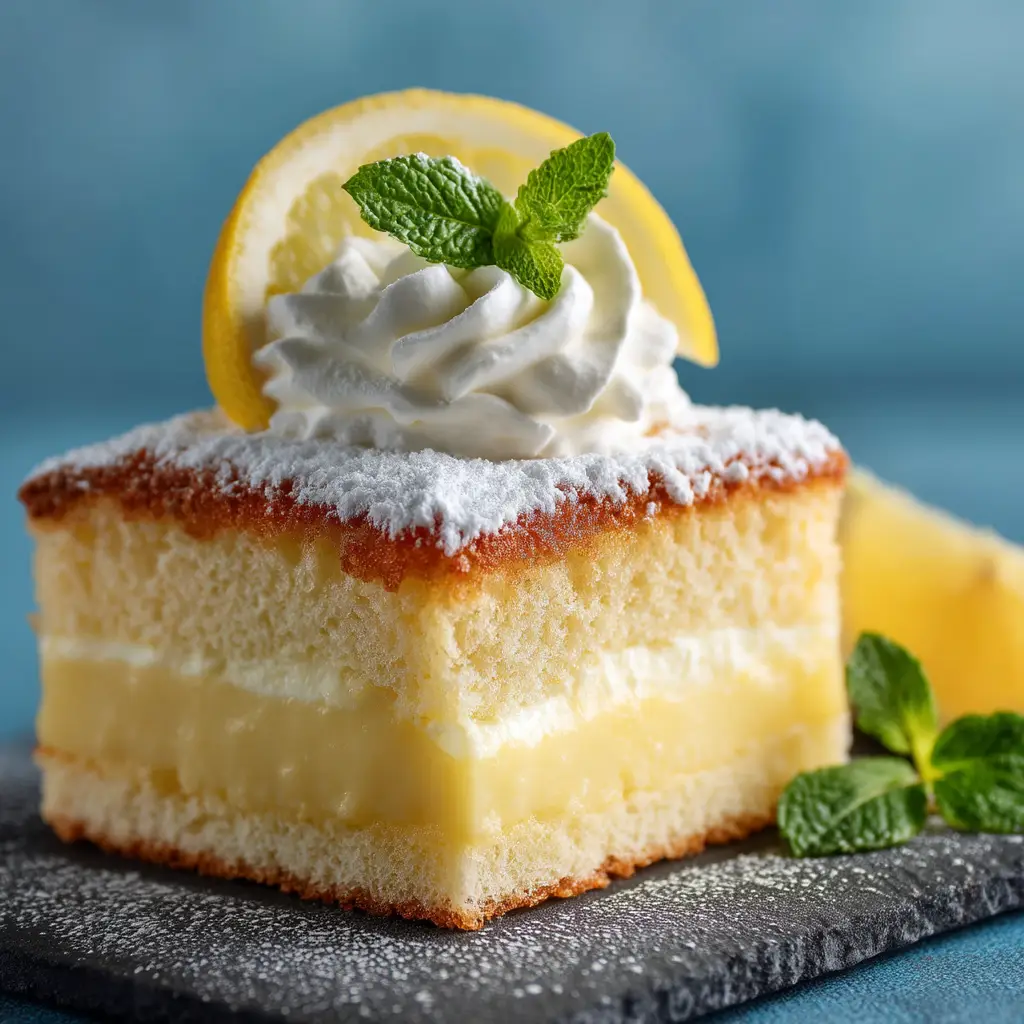 A beautiful shot of the lemon magic cake in a baking dish, with a single slice removed to show the creamy custard interior and light sponge top.