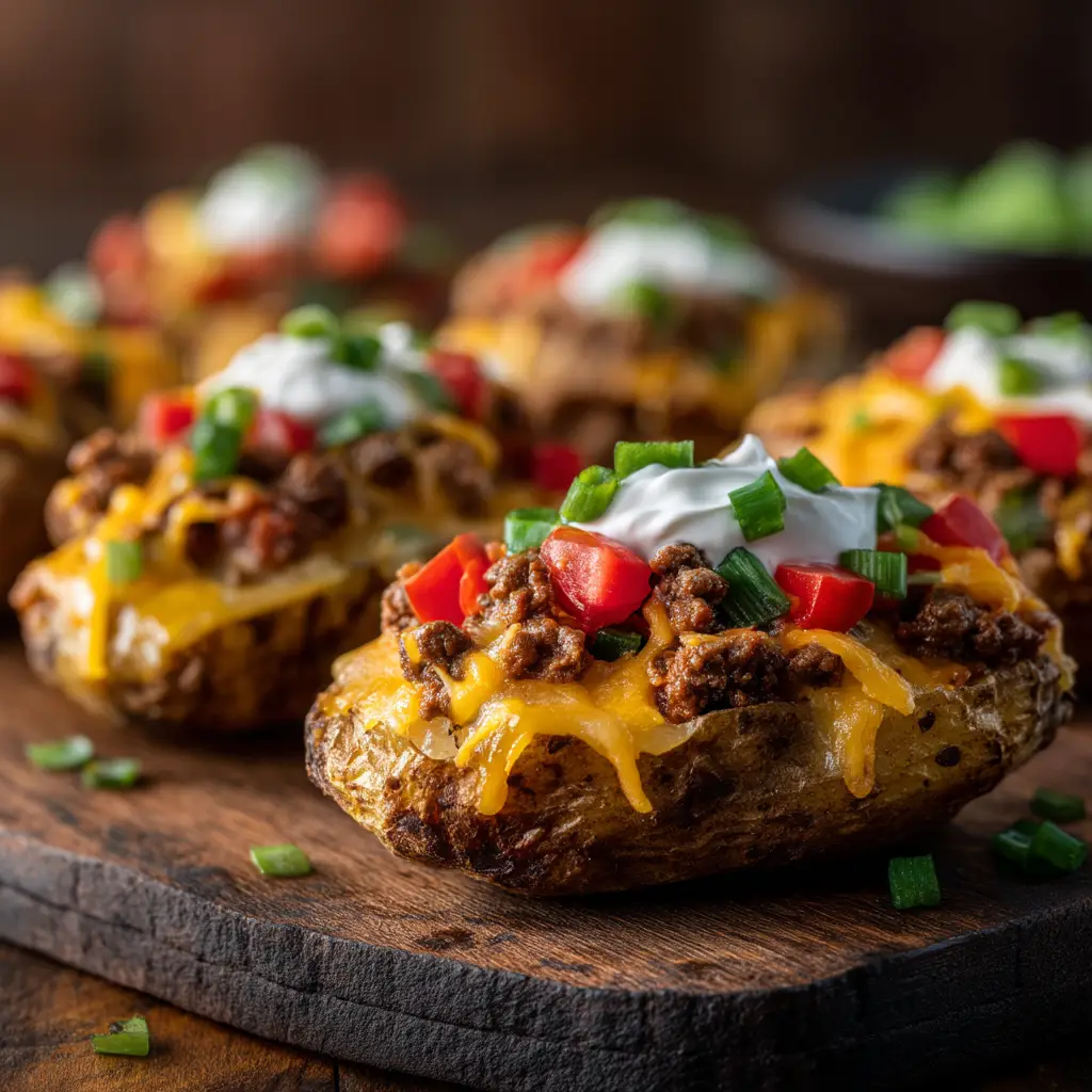 Several taco loaded baked potatoes arranged on a wooden board, showcasing various toppings like salsa, jalapeños, and fresh cilantro, illustrating the customizability of the recipe.