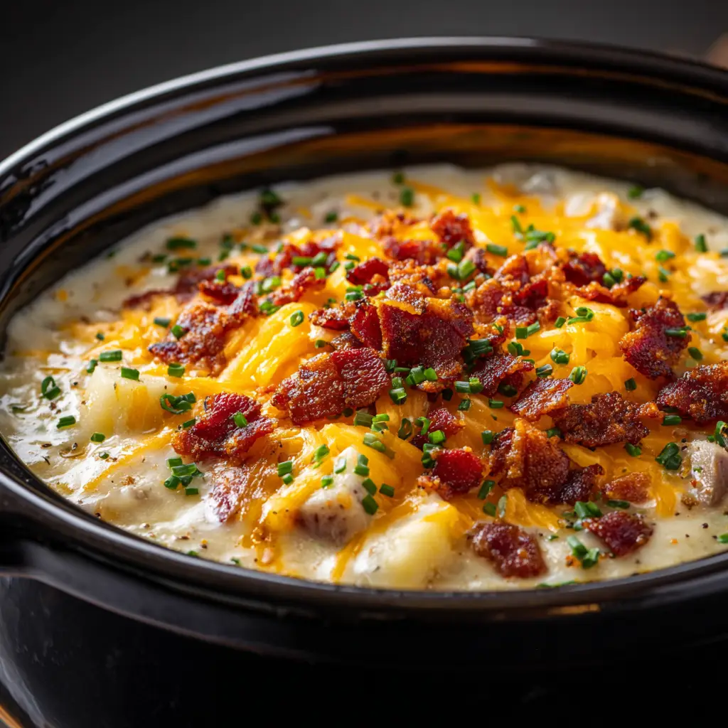 A delicious bowl of loaded potato soup made in the crock pot, garnished generously with bacon bits and shredded cheddar cheese.