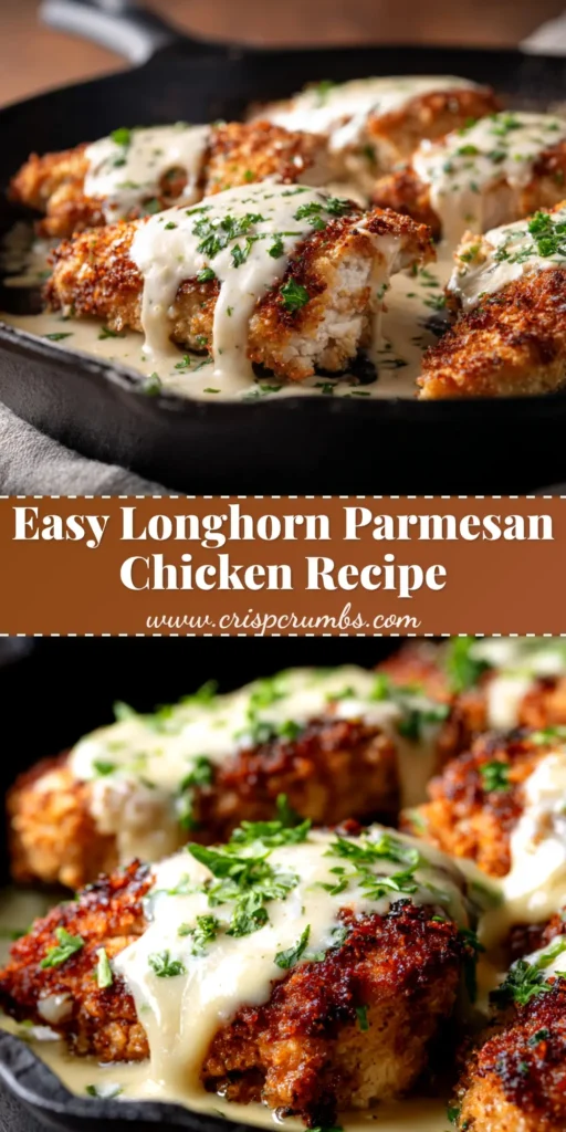 A close-up shot of the finished Longhorn Parmesan Crusted Chicken on a plate, showing the golden-brown crust and melted cheese, with text overlay for Pinterest.