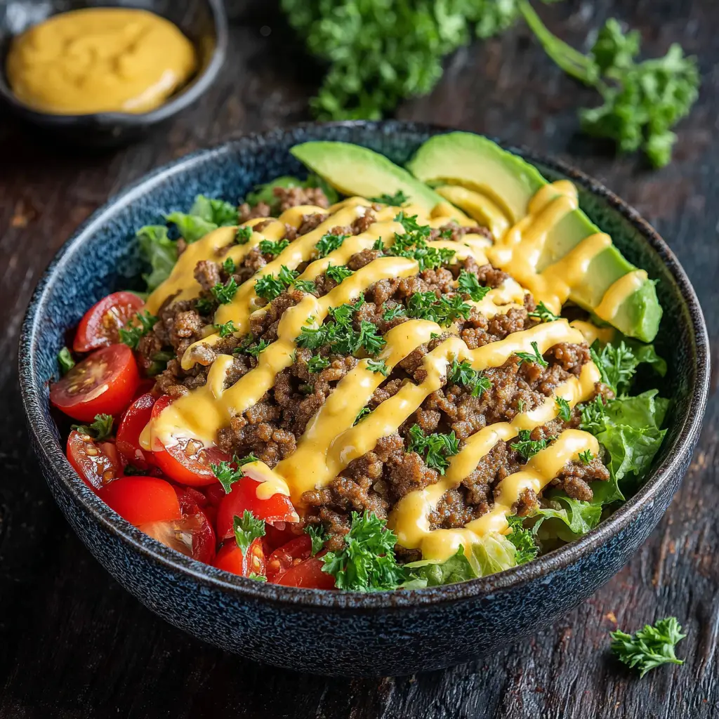 A detailed shot of the components of a low-carb burger bowl, including seasoned ground beef, chopped lettuce, and diced pickles.