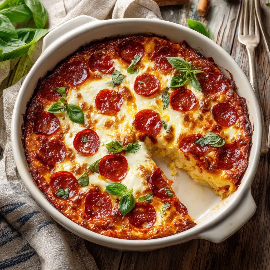 A close-up shot of a spoonful of the crustless pizza bake, showing the creamy texture of the cottage cheese base and melted cheese.