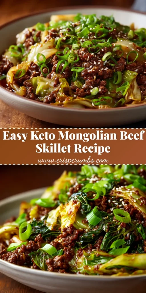A delicious bowl of Low-Carb Mongolian Ground Beef, a quick 20-minute keto dinner idea. This easy ground beef stir-fry is coated in a savory, sugar-free Mongolian sauce and garnished with green onions. | CrispCrumbs.com