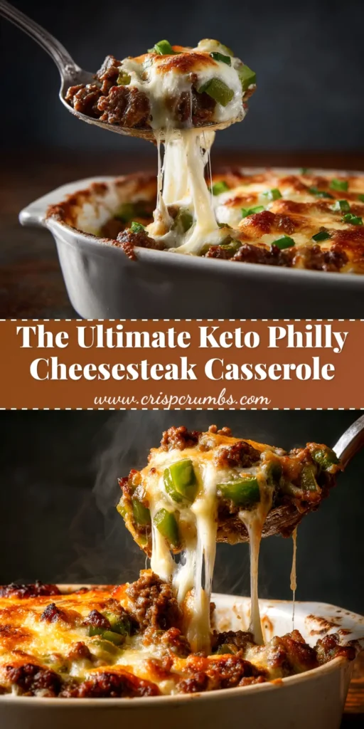 A top-down view of a delicious Low Carb Philly Cheesesteak Casserole in a baking dish, with melted provolone cheese and visible pieces of steak, peppers, and onions.