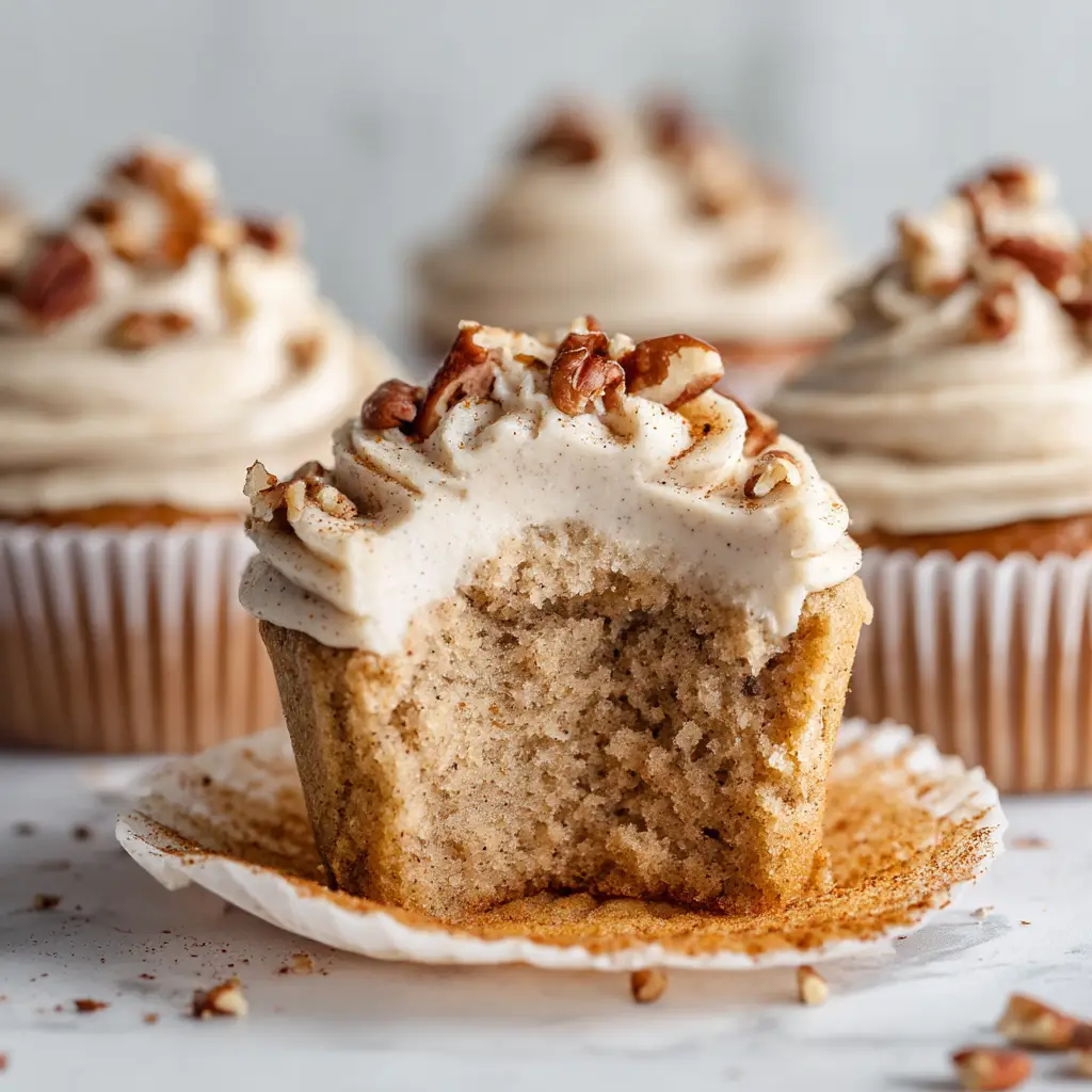 The process of making banana pecan cupcakes, showing the rich, thick batter in a mixing bowl with mashed bananas and pecans visible.