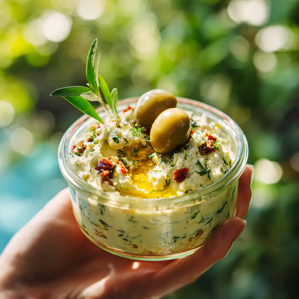 A step-by-step image showing coarsely chopped Kalamata olives and fresh dill being added to a food processor with a whipped feta and cream cheese base.