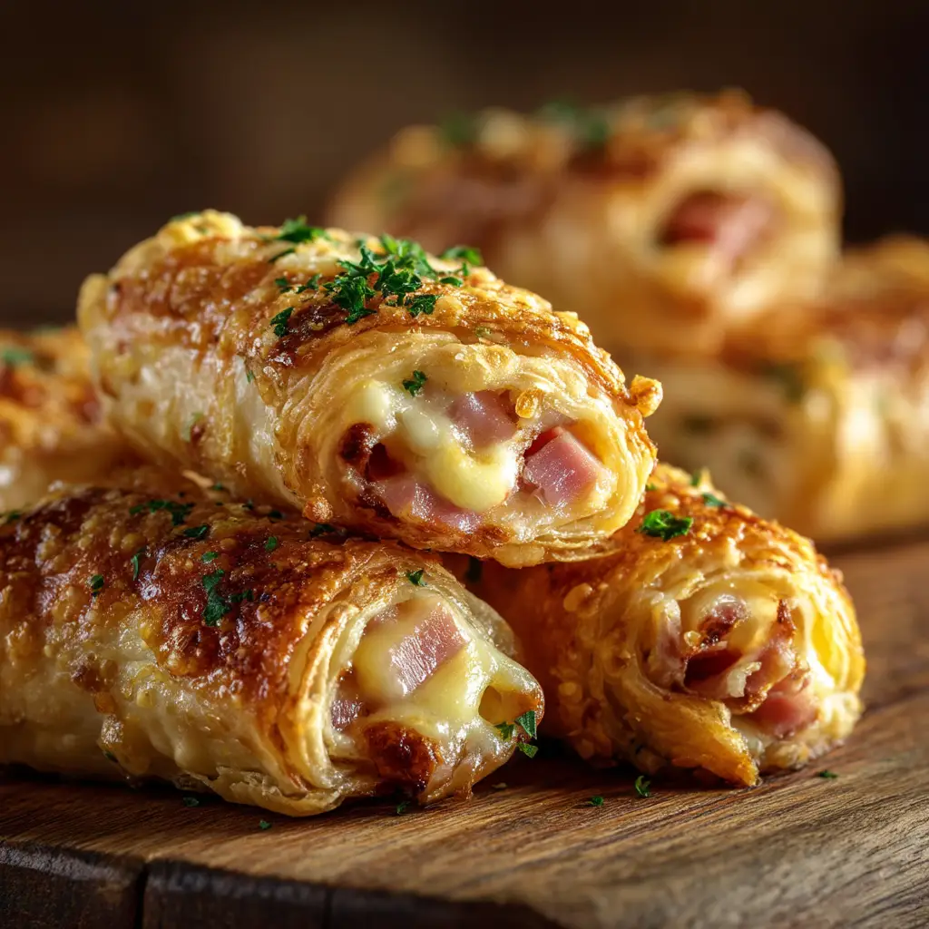 The process of making ham and cheese sticks, showing the dough layered with ham and cheese before being sliced.