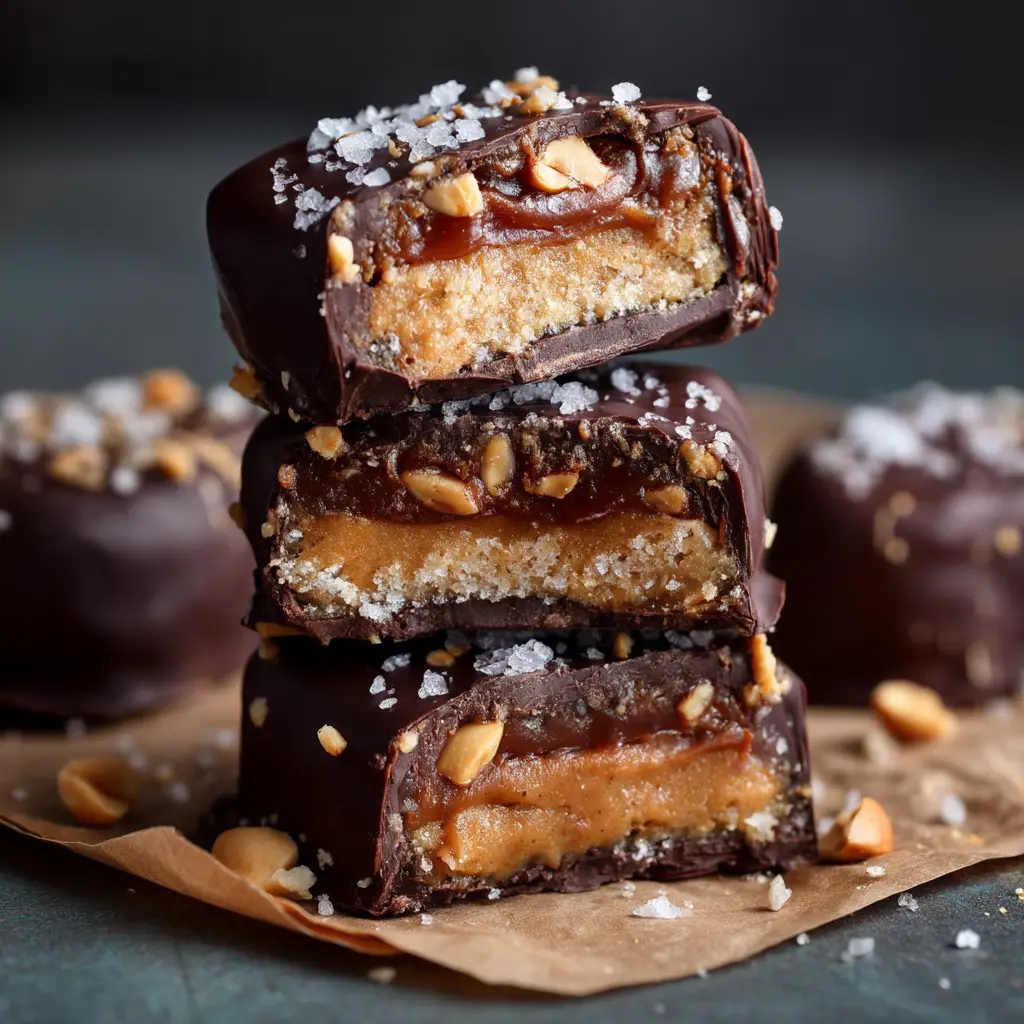 A batch of freshly made Date Snickers on parchment paper, sprinkled with flaky sea salt before chilling.