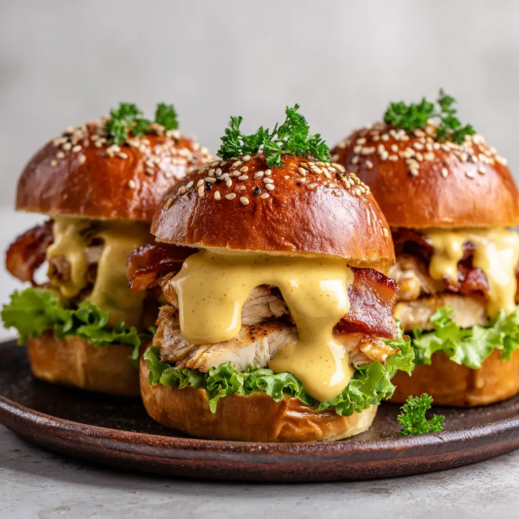 The process of assembling baked chicken sliders, with the honey mustard chicken mixture being spread on the bottom half of the Hawaiian rolls.