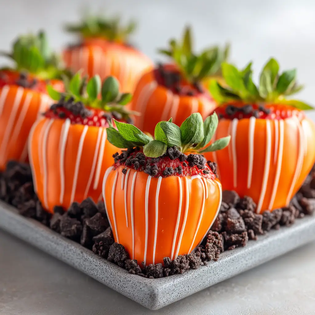 A process shot showing a hand dipping a fresh strawberry into a bowl of melted orange chocolate.