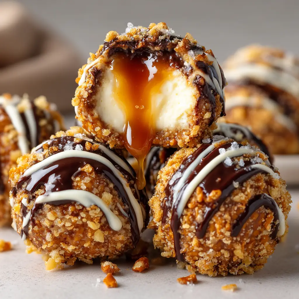 The process of filling cheesecake balls with a gooey caramel center before dipping them in chocolate.