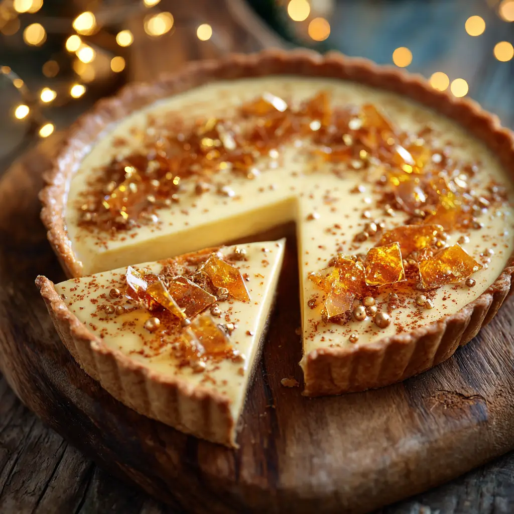 The process of pouring the uncooked, spiced eggnog tart filling into the blind-baked shortbread crust before baking.