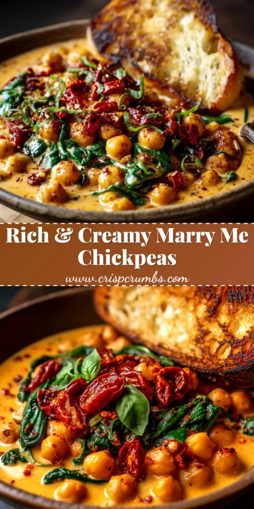 A beautiful overhead shot of creamy Marry Me Chickpeas in a rustic skillet, garnished with fresh basil. The perfect pin to showcase this easy and delicious vegetarian recipe.