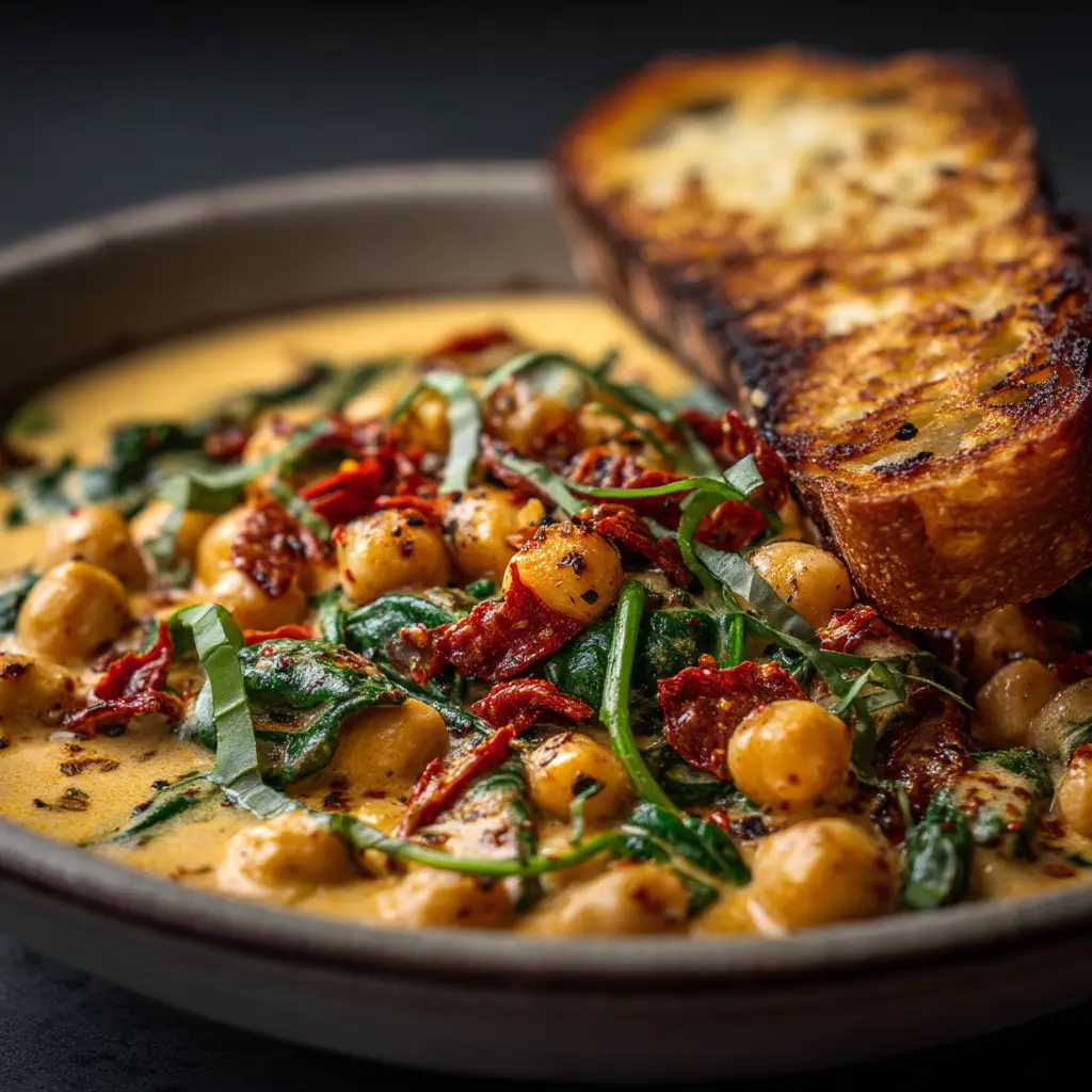 A spoonful of Marry Me Chickpeas being lifted from a bowl, showing the creamy texture and ingredients like spinach and sun-dried tomatoes.