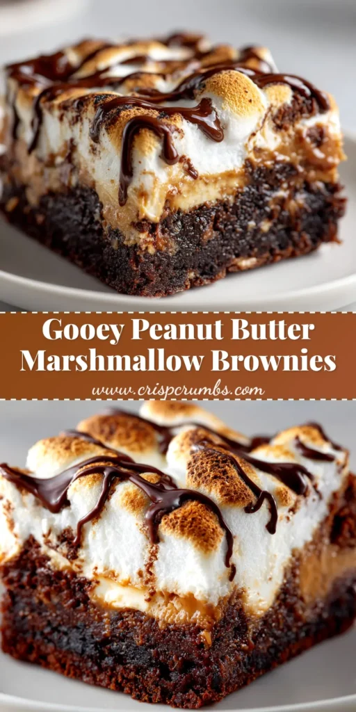 A close-up of gooey Marshmallow Peanut Butter Brownies sliced into squares on a wooden board, showcasing the fudgy chocolate, peanut butter swirl, and toasted marshmallow topping.