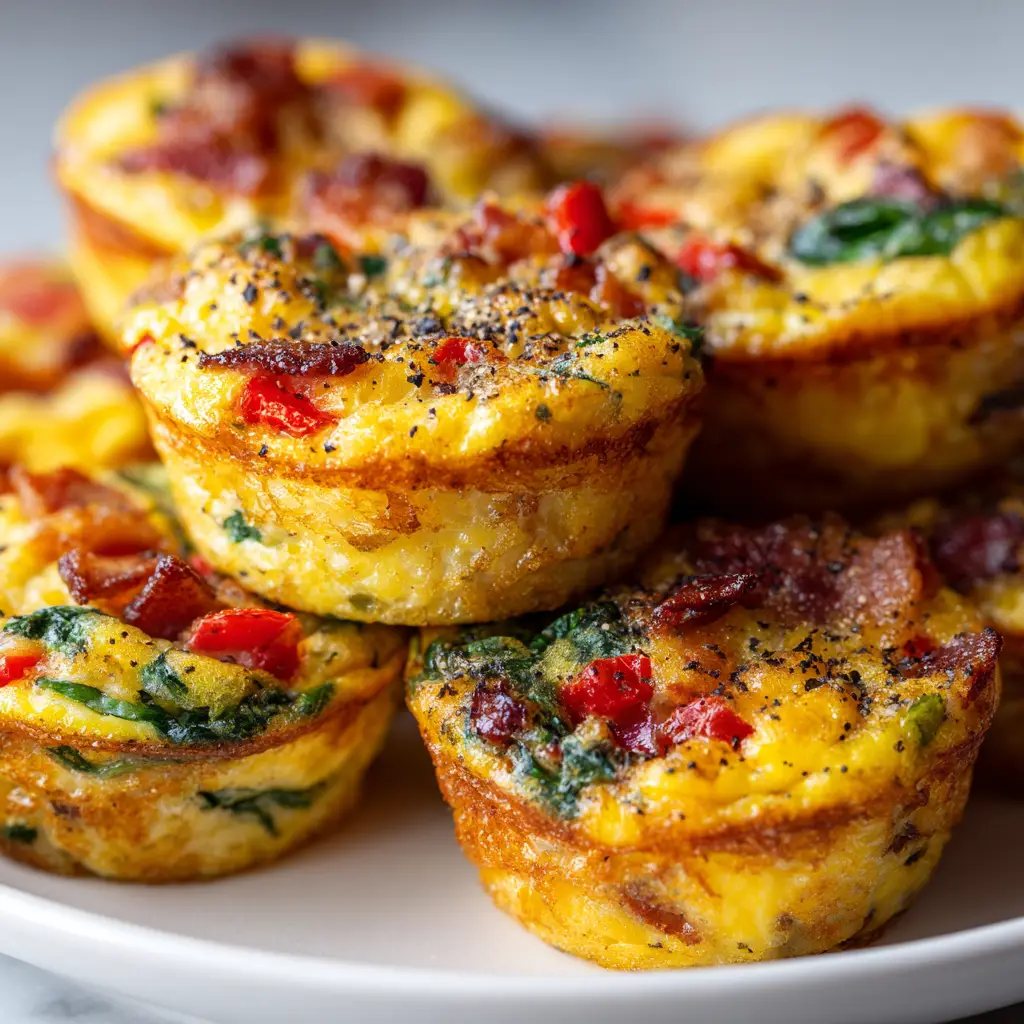 A batch of savory make-ahead egg muffins cooling in a muffin tin. A perfect example of a healthy meal prep breakfast.