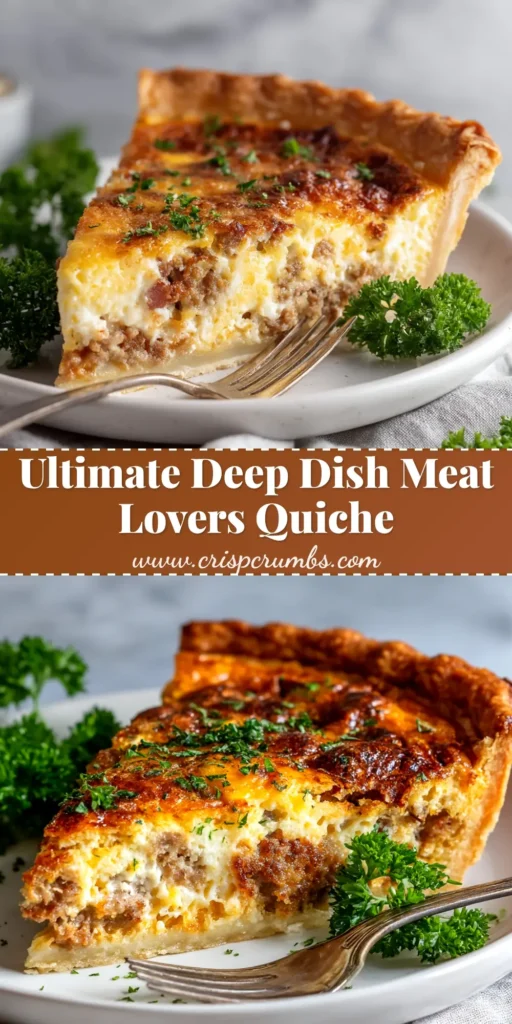 A top-down view of a whole Meat Lovers Quiche in a pie dish, loaded with bacon, sausage, and ham with a golden-brown crust.