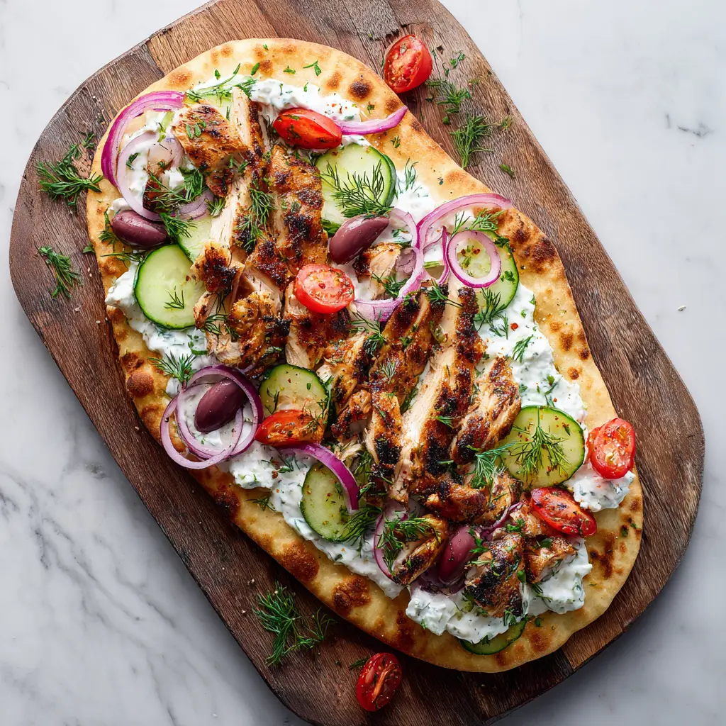 A close-up view of a Mediterranean chicken flatbread, showing the texture of the seasoned chicken and crumbled feta cheese.
