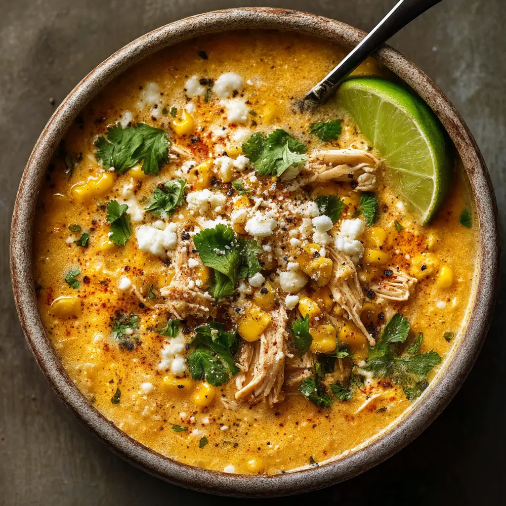 Another perspective of the savory Mexican corn soup, garnished with fresh cilantro and cotija cheese in a ceramic bowl.