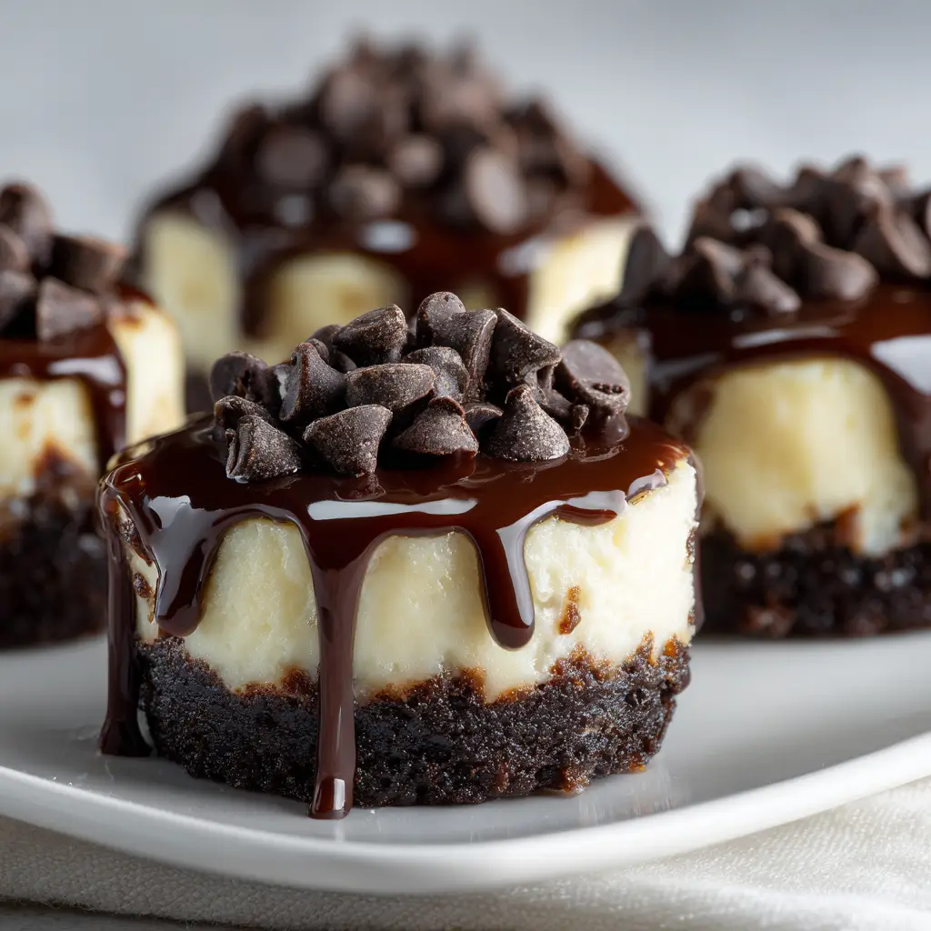 A single brownie bottom mini cheesecake on a small plate, with a bite taken out to reveal the creamy interior and dense brownie crust.