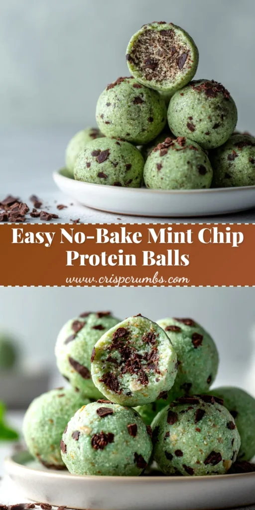 A stack of several mint chocolate chip protein balls on a plate, with one bite taken out to show the texture. The perfect healthy, no-bake snack.