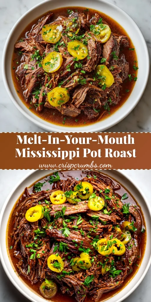A delicious and tender Mississippi Pot Roast shredded in a slow cooker with rich gravy and pepperoncini peppers. The ultimate easy crockpot dinner recipe.