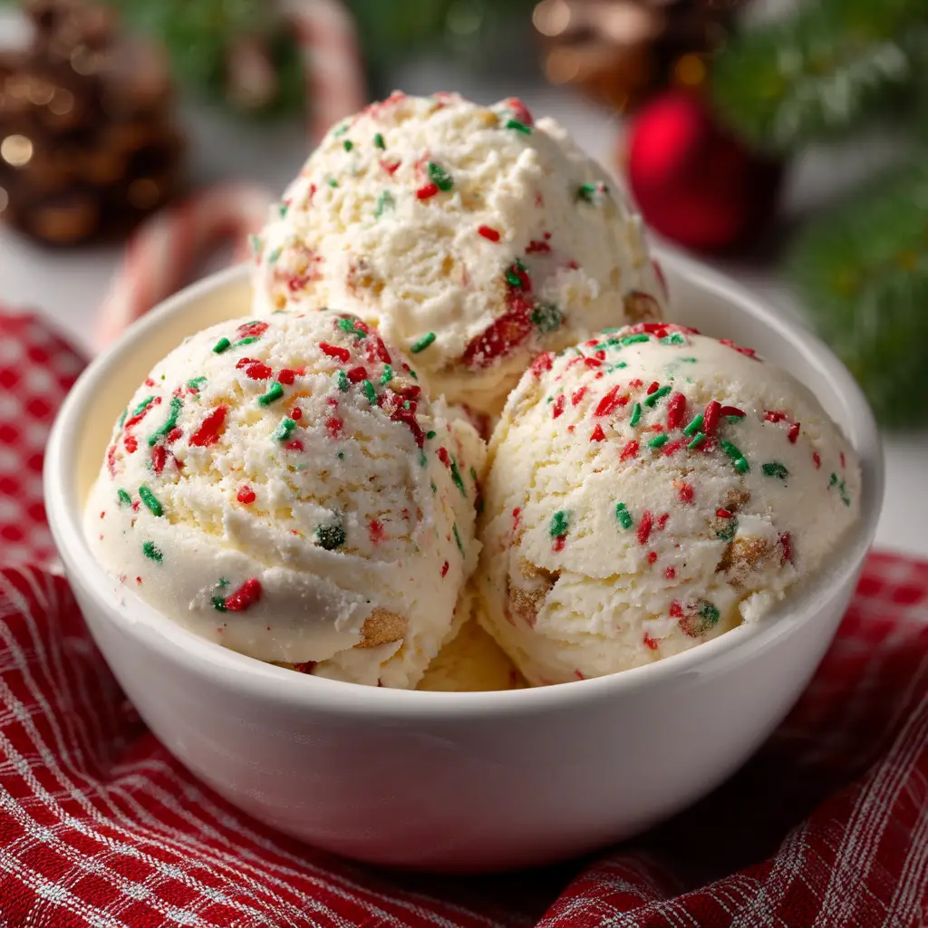 The creamy base of the Christmas cookie ice cream being folded together in a mixing bowl with cookie chunks.