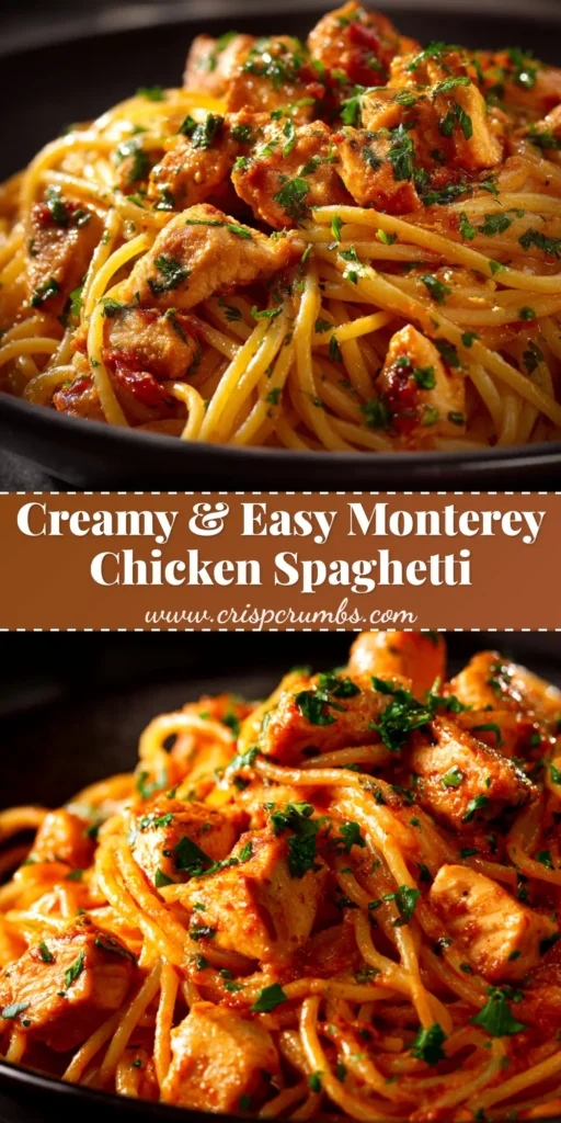 A serving of creamy Monterey Chicken Spaghetti in a white bowl, topped with melted cheese, crispy bacon, and fresh parsley. The ultimate cheesy pasta bake.