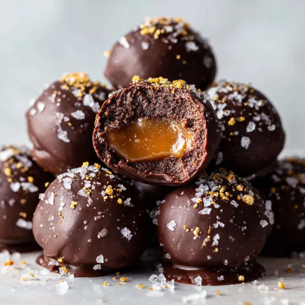 A plated serving of no-bake chocolate caramel truffles sprinkled with flaky sea salt, ready to be eaten.