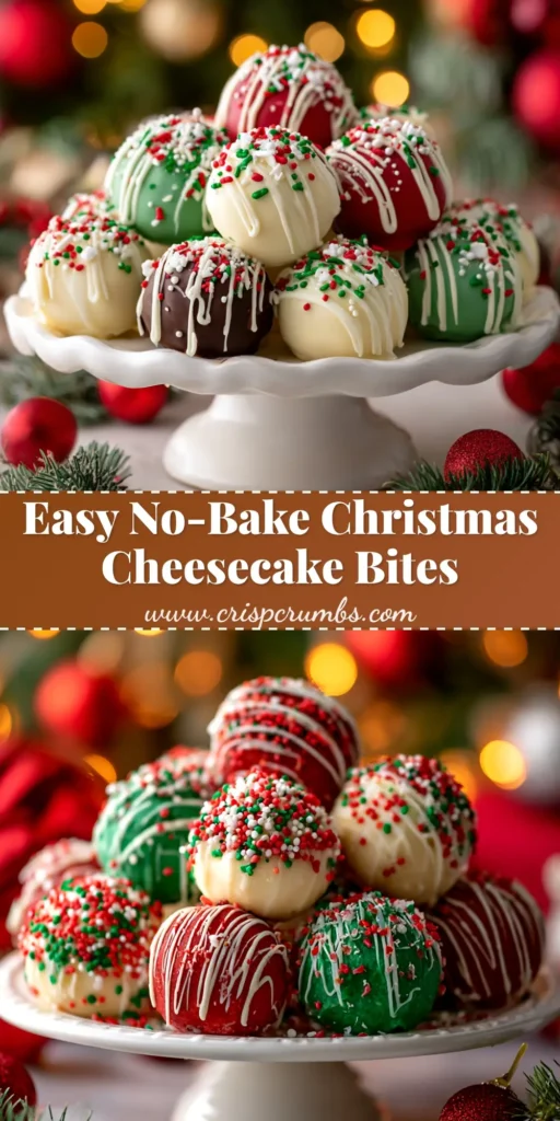 A pile of No-Bake Christmas Cheesecake Bites with festive red and green sprinkles on a white serving platter. The perfect easy holiday dessert recipe.