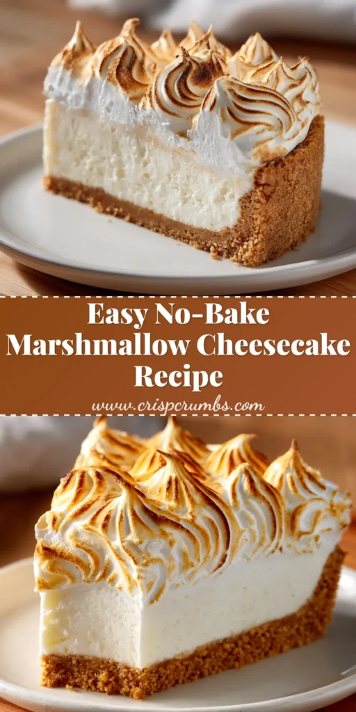 A slice of no-bake marshmallow cheesecake on a white plate, showing its light and fluffy texture. The perfect easy dessert recipe.