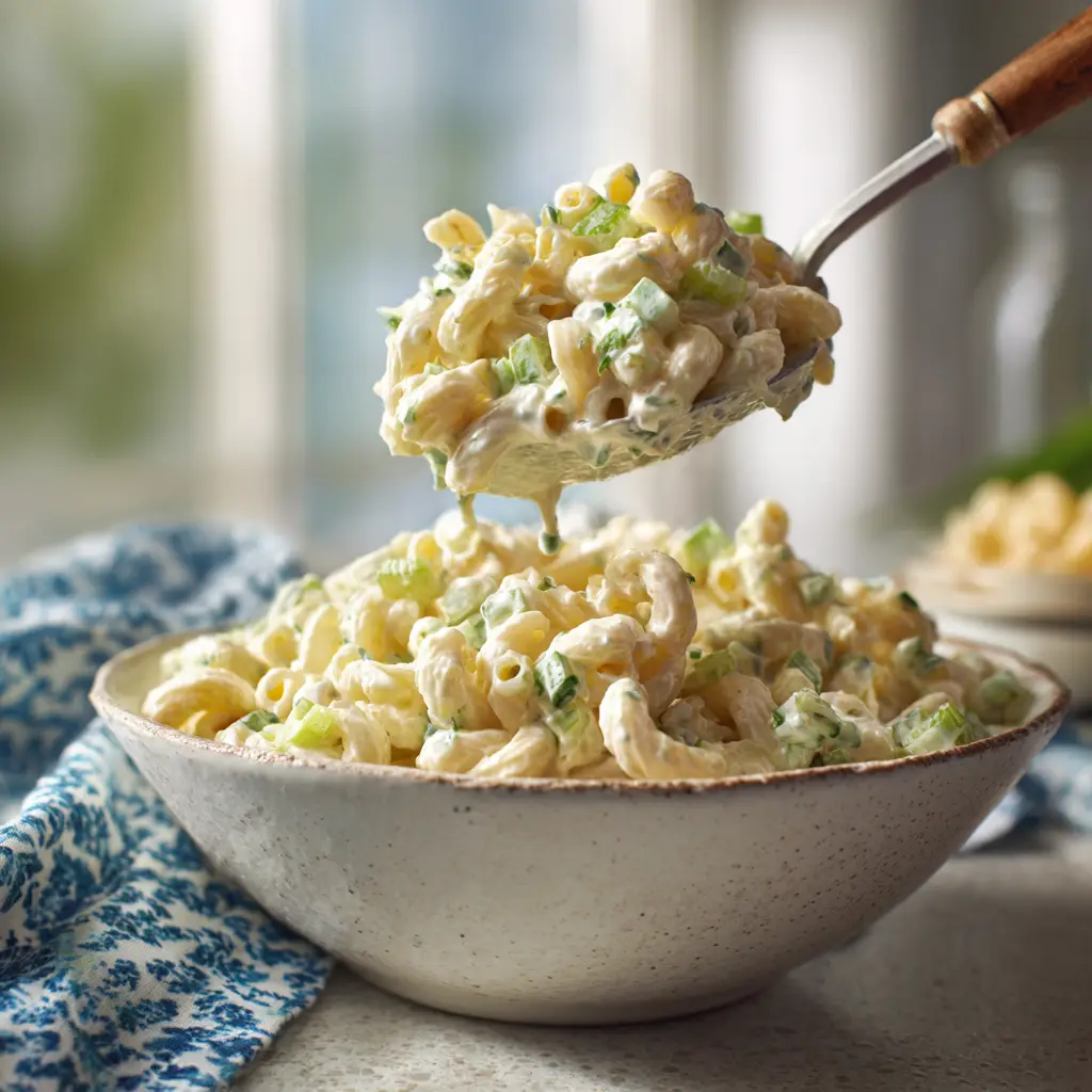A large serving bowl of old-fashioned macaroni salad on a picnic table, ready to be served at a potluck.