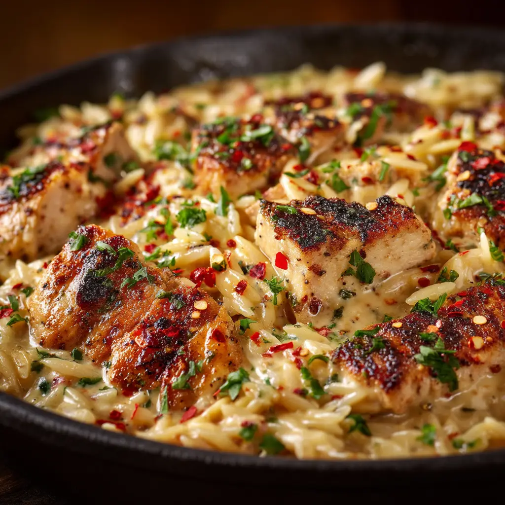 The cooking process of the one-pan Cajun Chicken Alfredo Orzo, with all ingredients simmering together in a skillet.