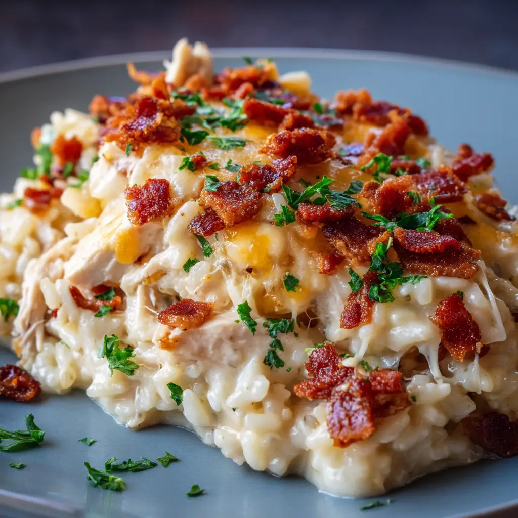 A plated serving of the one-pan chicken alfredo casserole, garnished with fresh parsley, sitting next to a fork.