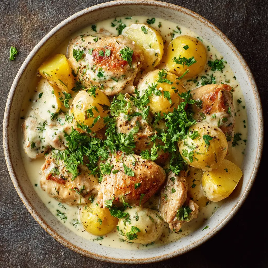 A serving of the finished one-pot chicken dinner on a plate, showing the tender texture of the chicken and potatoes.