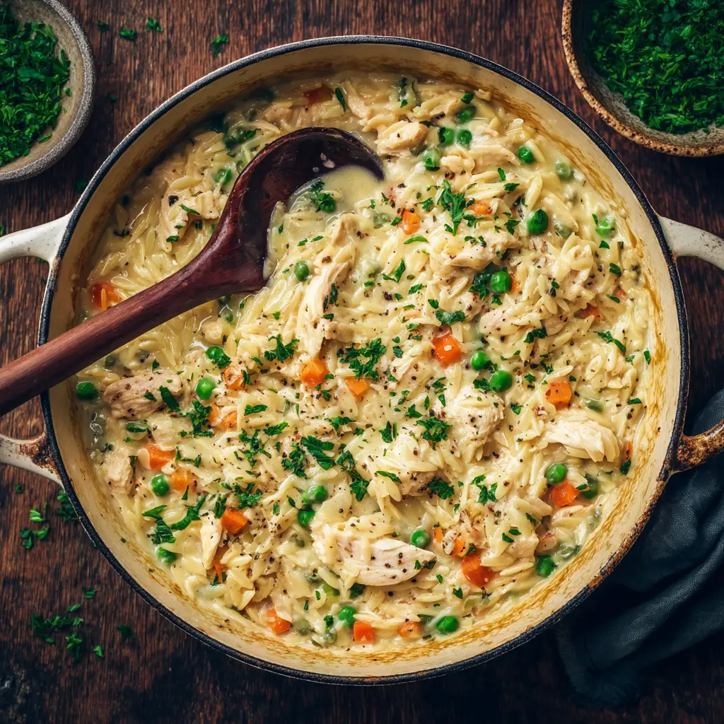 A spoonful of creamy chicken pot pie orzo being lifted from a skillet, illustrating the dish's luscious and hearty consistency.