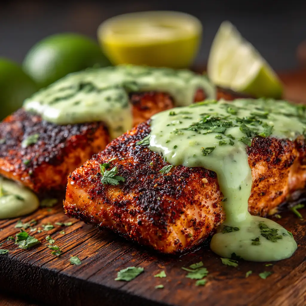 A beautifully plated serving of oven-baked Cajun salmon, garnished with fresh parsley and a bright yellow lemon wedge on the side.