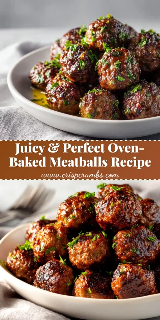 A shareable pin image for the best Oven Baked Meatballs Recipe, showing juicy meatballs in a skillet with text overlay.