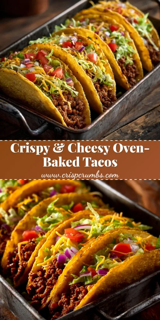 A close-up shot of crispy oven-baked tacos filled with ground beef, melted cheese, and fresh toppings. The ultimate easy weeknight dinner recipe.